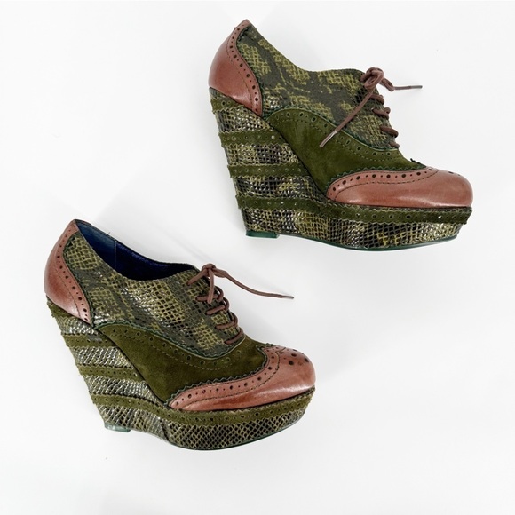 Poetic Licence "Wild Safari" Oxford Saddle Bootie Green & Brown Wedge - Picture 3 of 7